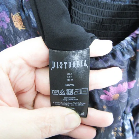 Disturbia Dark Floral Mini Dress Long Balloon Sleeve Smocked Tie Back US 4 y2K - Picture 9 of 11